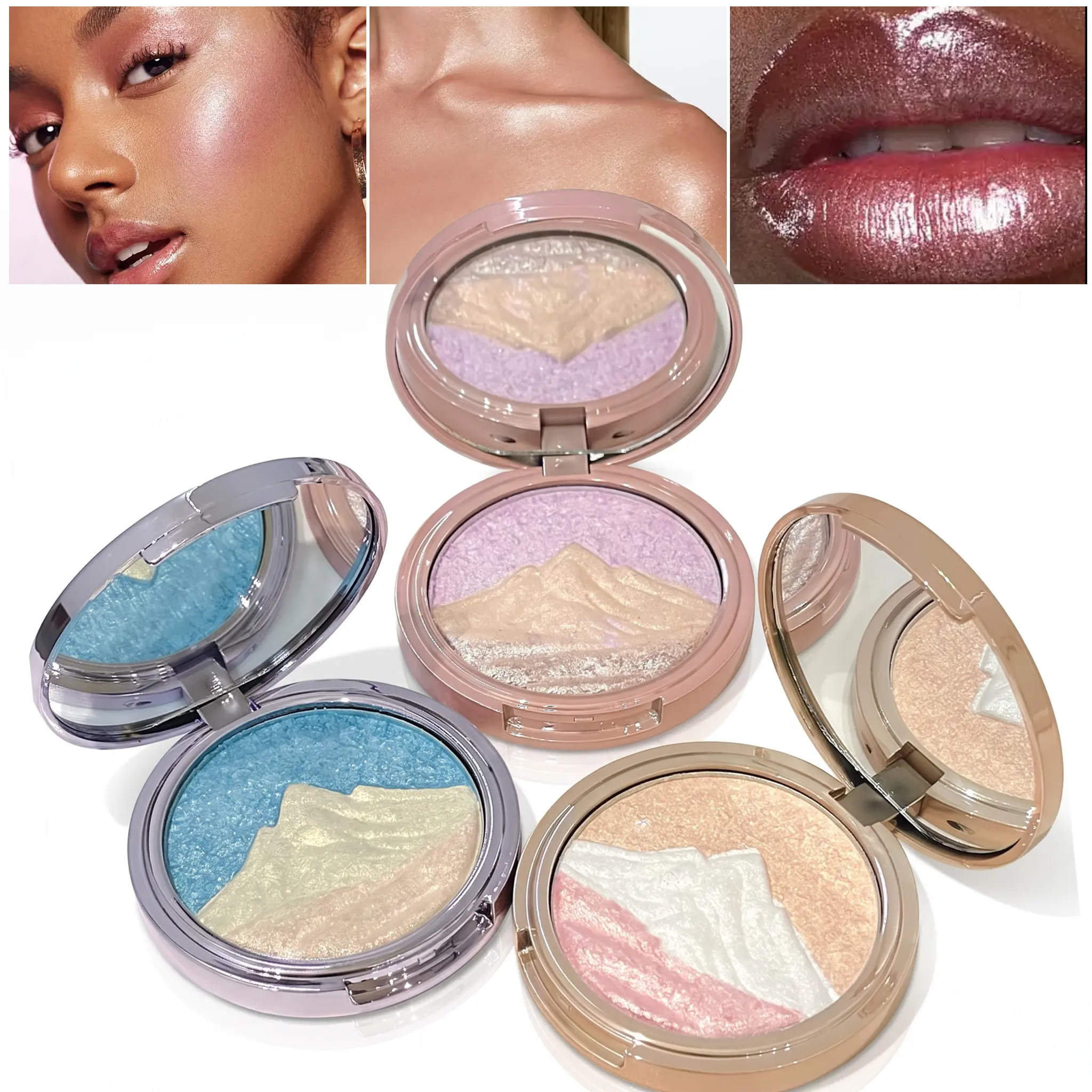 Embossed Iridescent 3-Shade Eyeshadow&Highlighter Palette-Creamy Texture with Fine Glitter&Intense Sparkle. Divine HaloEffect for 3D Brightening Look.Highly Pigmented Face&EyeIlluminator in Ethereal Sunset Shades:Purple Pink WhiteValentine's Essential