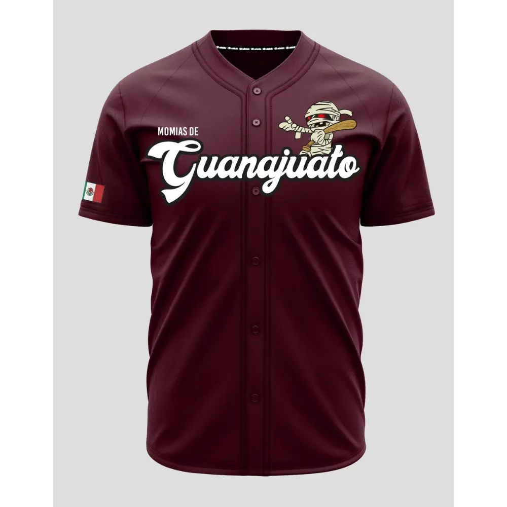 Momias de Guanajuato Maroon Baseball Jersey – Mexican Heritage Button-Up Shirt, Vintage Mummy Graphic Jersey, Unisex Sports Apparel
