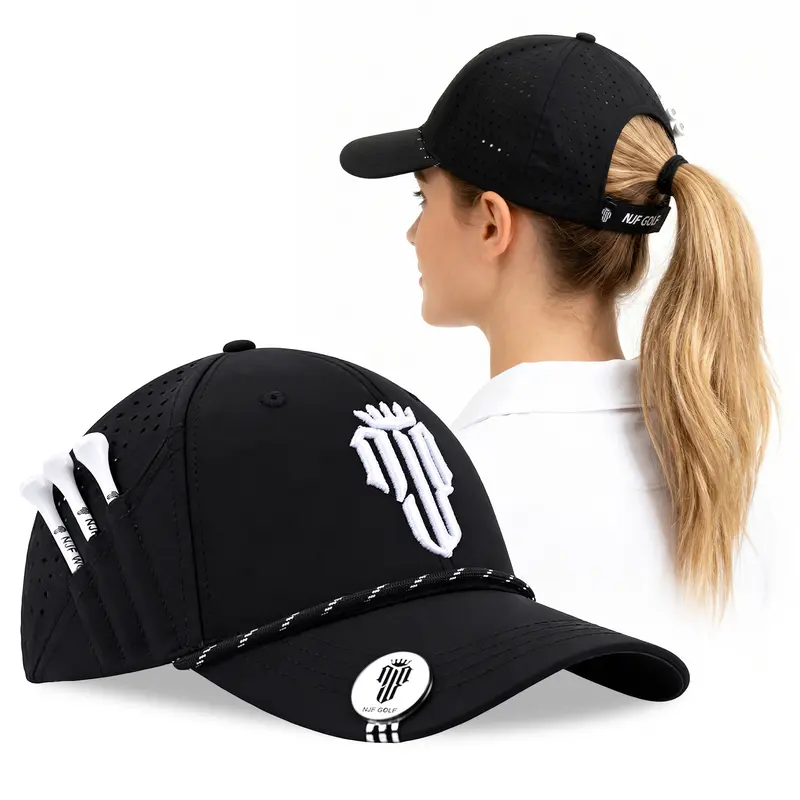 NJF Golf MultiStyle Flexx Women’s Golf Hat – Ponytail Performance Cap, UPF 50+, Breathable with Patent Pending Tee Holder & Magnetic Ball Marker Golf Performance Hat High Quality Hat