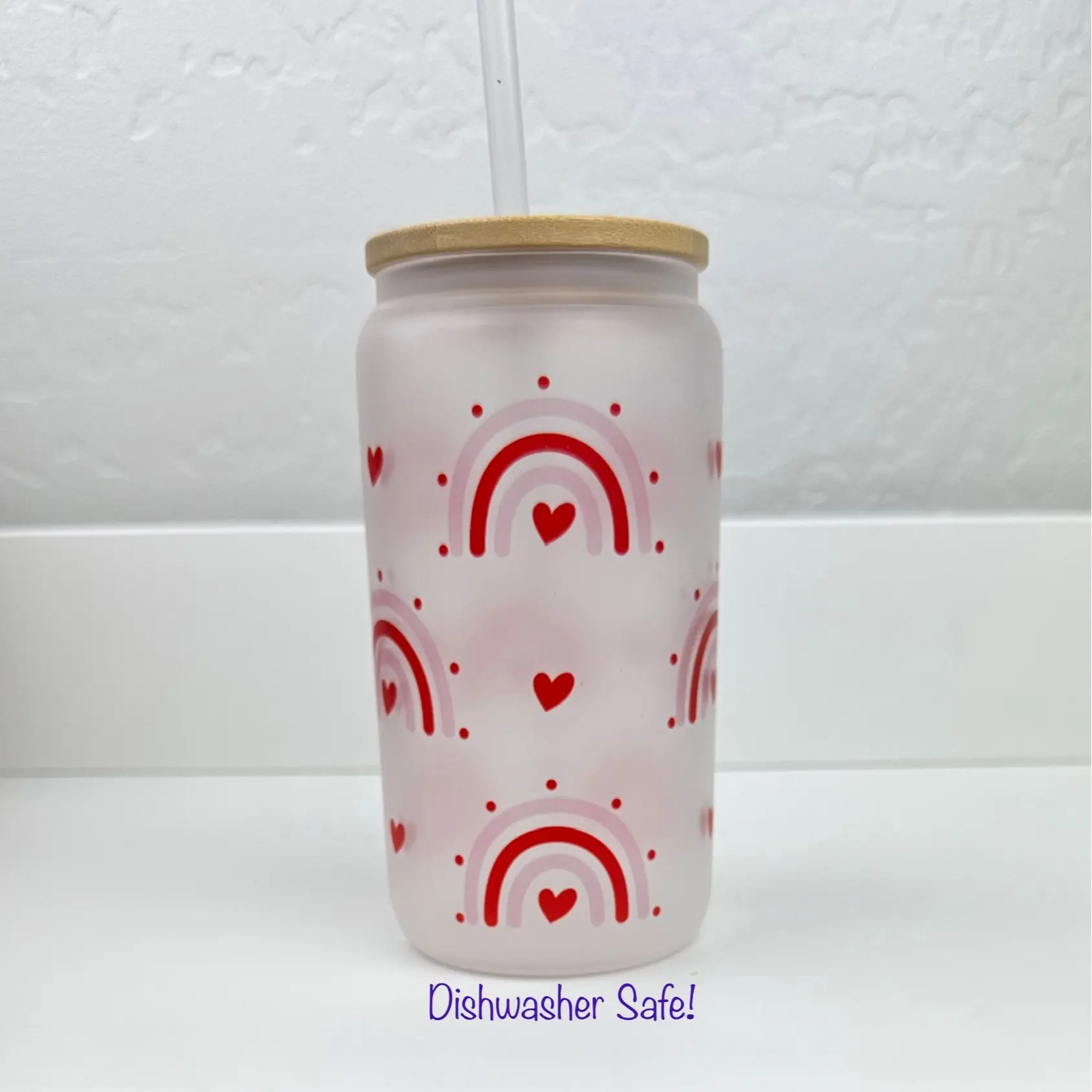 Red And Pink Rainbows Glass Cup | 16 oz | Sublimation | Dishwasher Safe | Beer Can cup | Iced Coffee cup Drinkware Bamboo Lid Reusable Straw