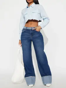 Social Hour Cuffed Wide Leg Jeans - Dark Wash