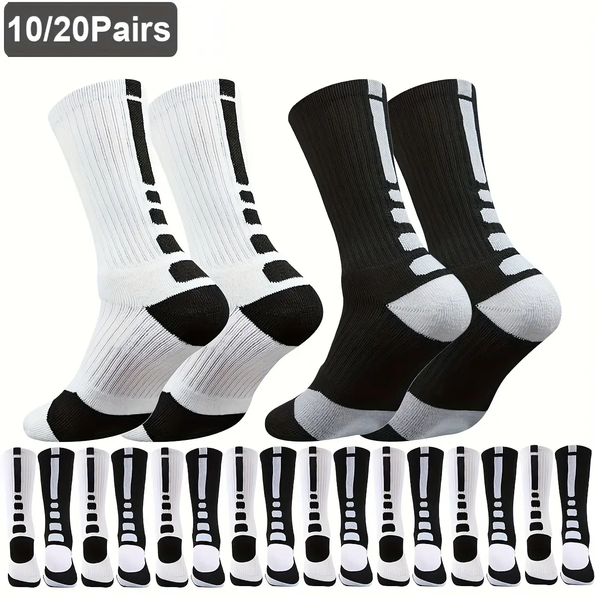 Men's & Women's Athletic Crew Socks - 10/20 Pairs, Striped Design, Breathable, Moisture-Wicking, All-Season Wear - Ideal for Basketball & Running - Sports Performance Socks for Enthusiasts, Athletic Socks Anti Slip Texture
