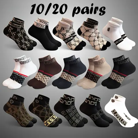 Women's Embroidered Lightweight Low-Cut Boat Socks, French Terry Thin Style Trendy Socks, 10/20 Pairs (20 Pairs Mixed Option), Spring/Summer All-Day Comfort, Retro Campus Casual