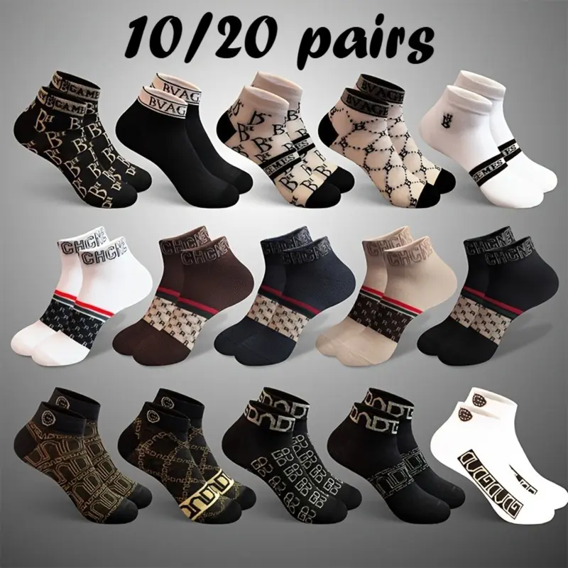 Women's Embroidered Lightweight Low-Cut Boat Socks, French Terry Thin Style Trendy Socks, 10/20 Pairs (20 Pairs Mixed Option), Spring/Summer All-Day Comfort, Retro Campus Casual