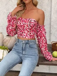 New 2025 floral Women's Ditsy Floral Print Frill Shirred Off Shoulder Crop Blouse, Boho Flounce Sleeve Crop Top for Spring & Fall, Fall Clothing Women, Women's Clothes for Daily Vacation Outdoor, Comfort Womenswear, Summer Outfits 2, Black Girl Outfit