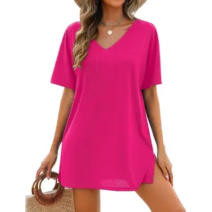 Women's Swimsuit Coverup Short Sleeve Bathing Suit Cover Up Casual T-Shirt Dress Loose Beachwear Coverups S-3XL