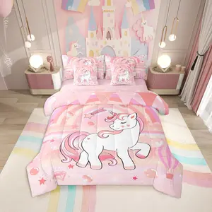 7 Pcs Comforter Set,Kawaii Rainbow Unicorn Bed in a Bag with Flat Sheet and Fitted Sheet,Cartoon Ombre Unicorn Stars Bedding Set
