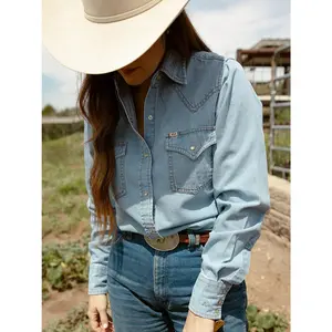 Women's Cowboygirl Light Wash Denim Shirt with Embroidery Fit Loose