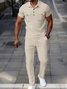Men's Waffle Polo Shirt Set, Summer Casual Short Sleeve Long Pants Two-Piece, Business Commute Versatile, Comfortable and Stylish