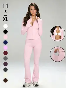 Women's Sporty Jacket and Pants Set, Slim-Fit Long Sleeve Jacket, High Waist Elastic Pants, Spring & Fall Fashion, Perfect for Dates