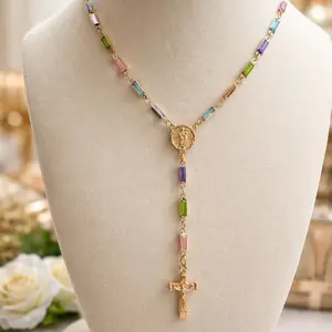 Rainbow R Gold-Tone Rosary Necklace with Multicolor Beads and Cross Charm for Women