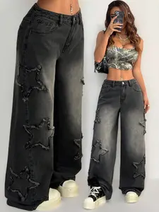 Women's All-Season Streetwear Casual Rapper Vintage Y2k Athleisure Grunge Star Pattern Washed Baggy Denim Jeans Bottoms
