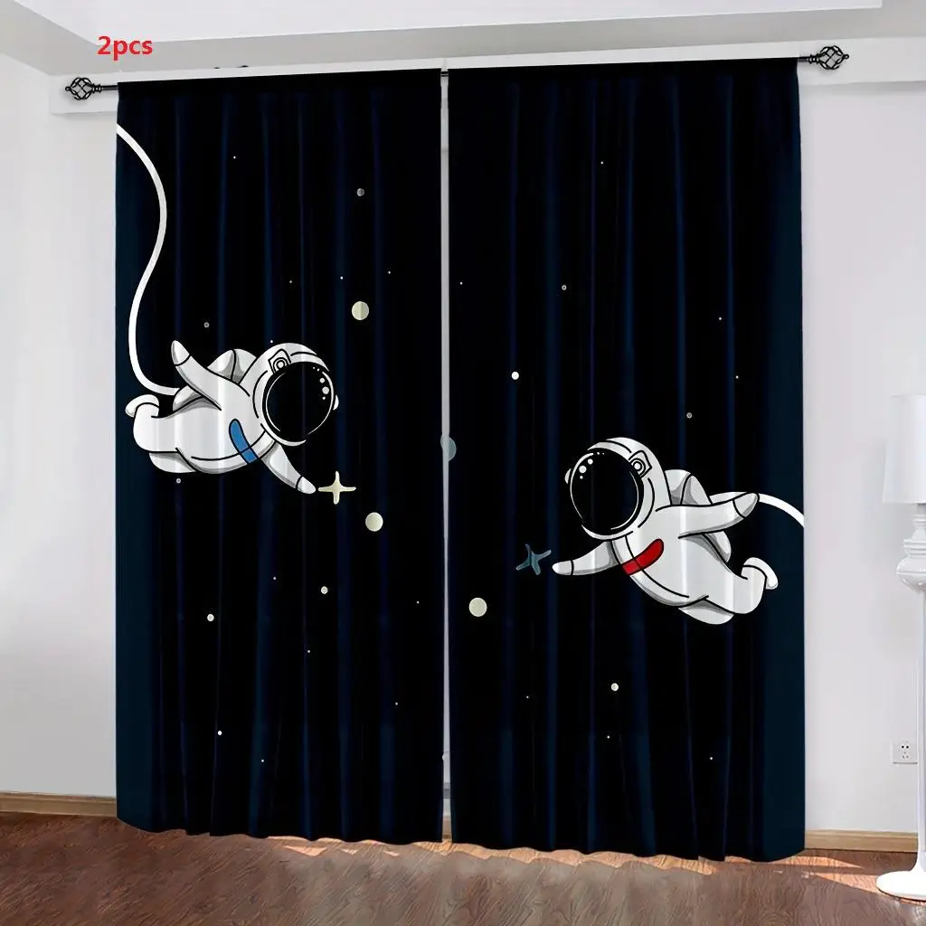 Astronaut & Starry Sky Pattern Curtain, 2pcs Decorative Window Curtain for Bedroom Living Room