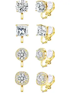 4 Pairs Cubic Zirconia Clip on Earrings - Women Hypoallergenic Comfortable Non Pierced Stud Earrings for Wedding and Dance Competitions, Wedding Set Earrings, Clip-on Earrings Silver Gold