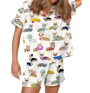 Corgi Funny Pajama Set, Short Sleeve Collar Cardigan Shirt And Loose Elastic Shorts, Casual Sleepwear Loungewear Silk