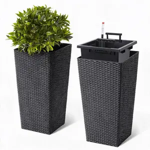 Set of 2 Large Rattan Flower Pots, 22.5 Inches Tall – Includes 2 Trays, Water Level Monitor, and Wheels – Indoor/Outdoor Use for Patio, Porch, Living Room, or Home Office – Black Finish