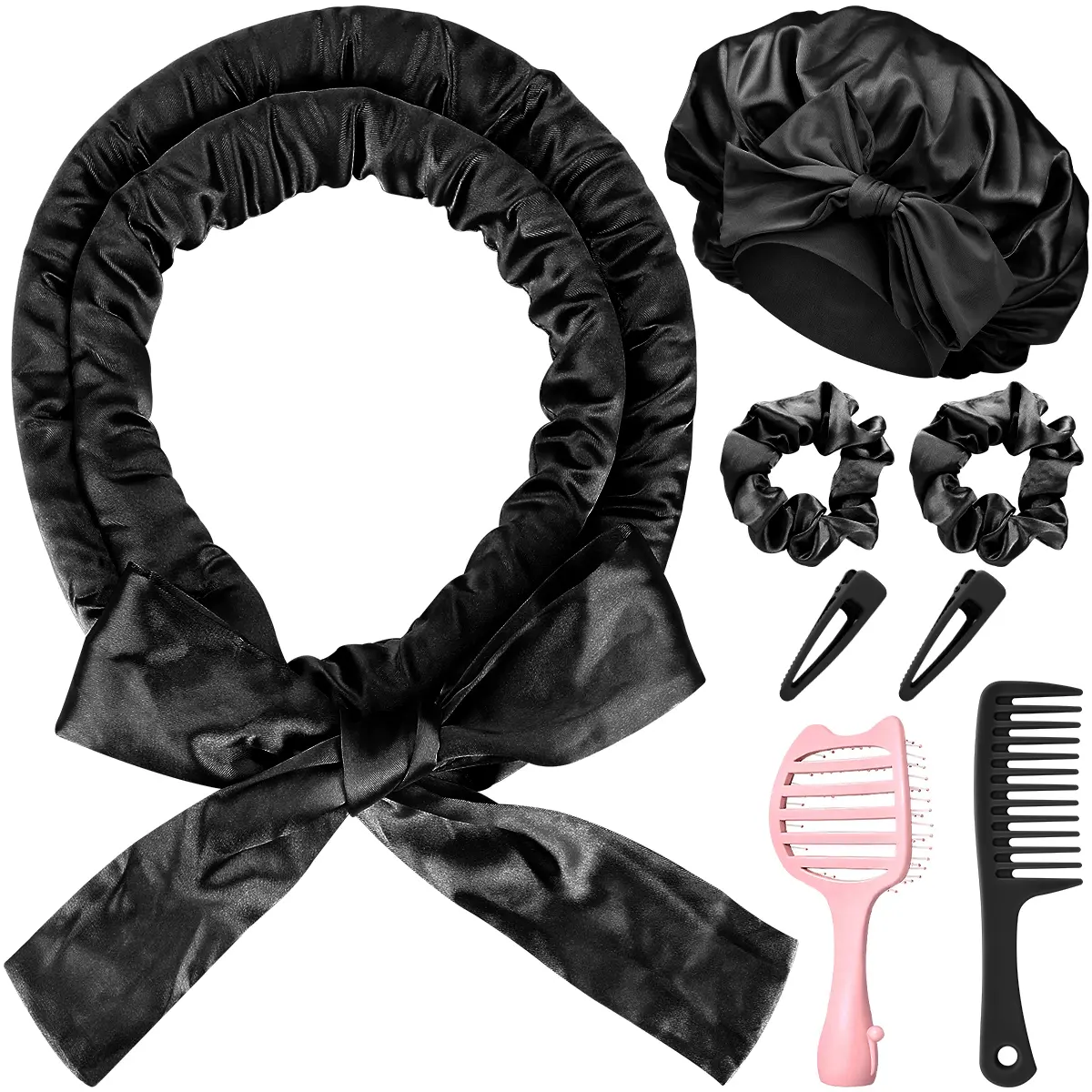 Women's Heatless Curlers Kit - 8-Piece Satin Hair Curling Tool Set with Sleep Bonnet & Brushes, Overnight Curly Hair Kit for Bouncy Curl Transformation, Cosmetic Haircare Gift