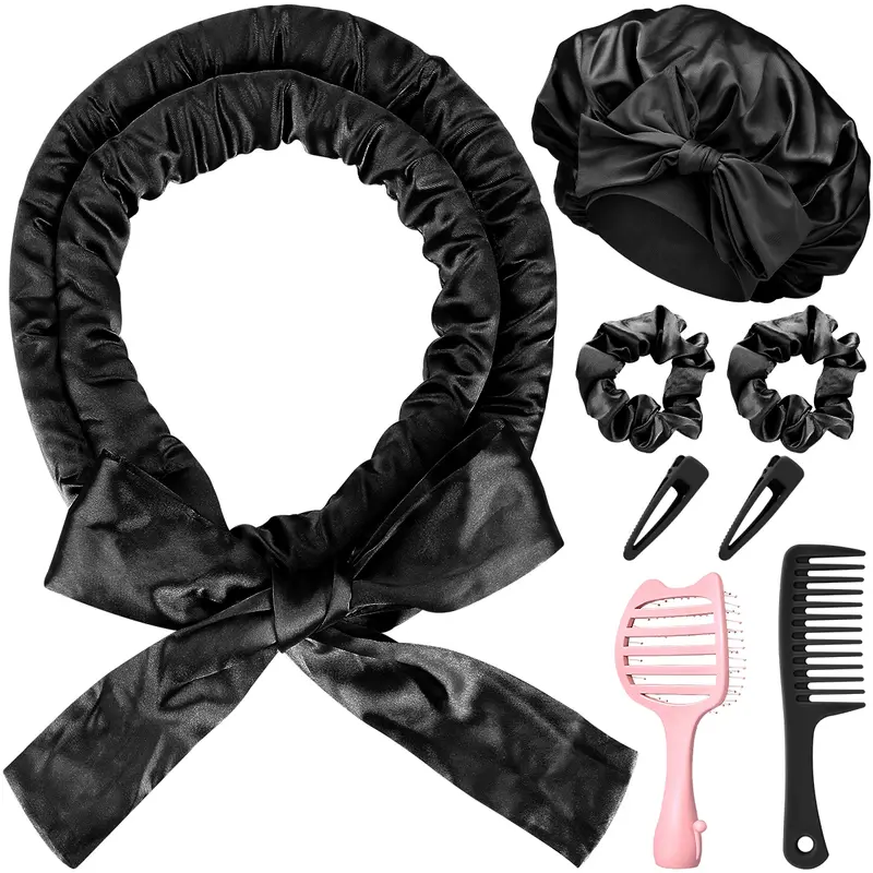 Women's Satin Heatless 8-Piece Complete Curly Kit - Breathable Cosmetic Hair Styling Tools: Satin Curl Rollers, Curlwrap, Double Layer Sleep Bonnet, Brushes, Overnight Detangling & Curl Definition Tool for All Hair Types, Haircare Gift