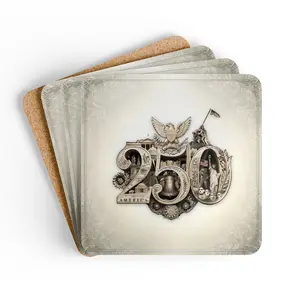 America 250th Anniversary Coasters Set of 4, Patriotic Cork Back Coasters,  Gold 250th Seal on Ivory, 3.75"
