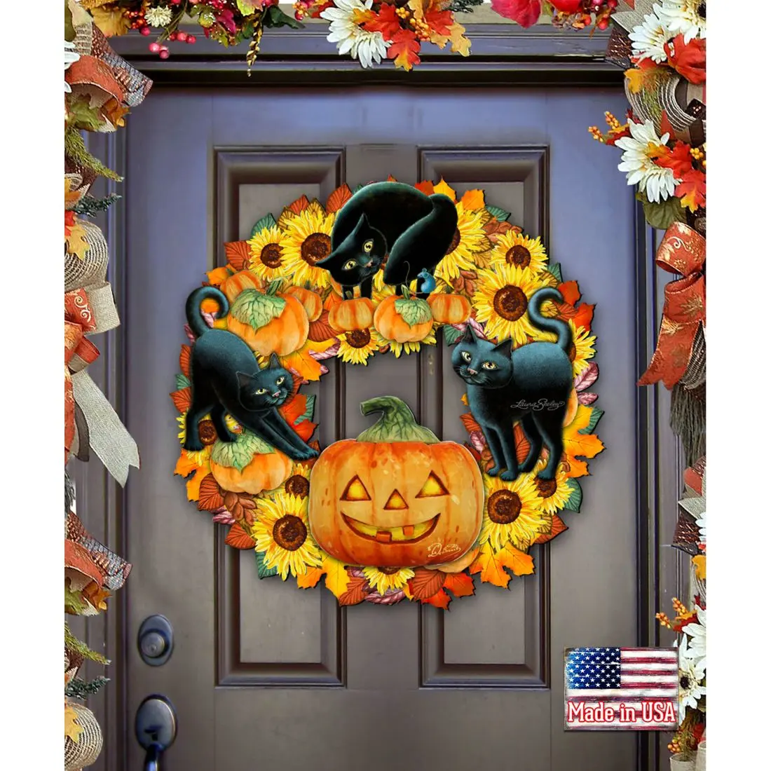 Designocracy 8185305-4H-SL Artistic Look Rectangle Halloween Cat Door Wreath - 24x18 in., Home Supplies, Decor Accessories, Room Decorations, Handcrafted Door Hangers, Gift Option