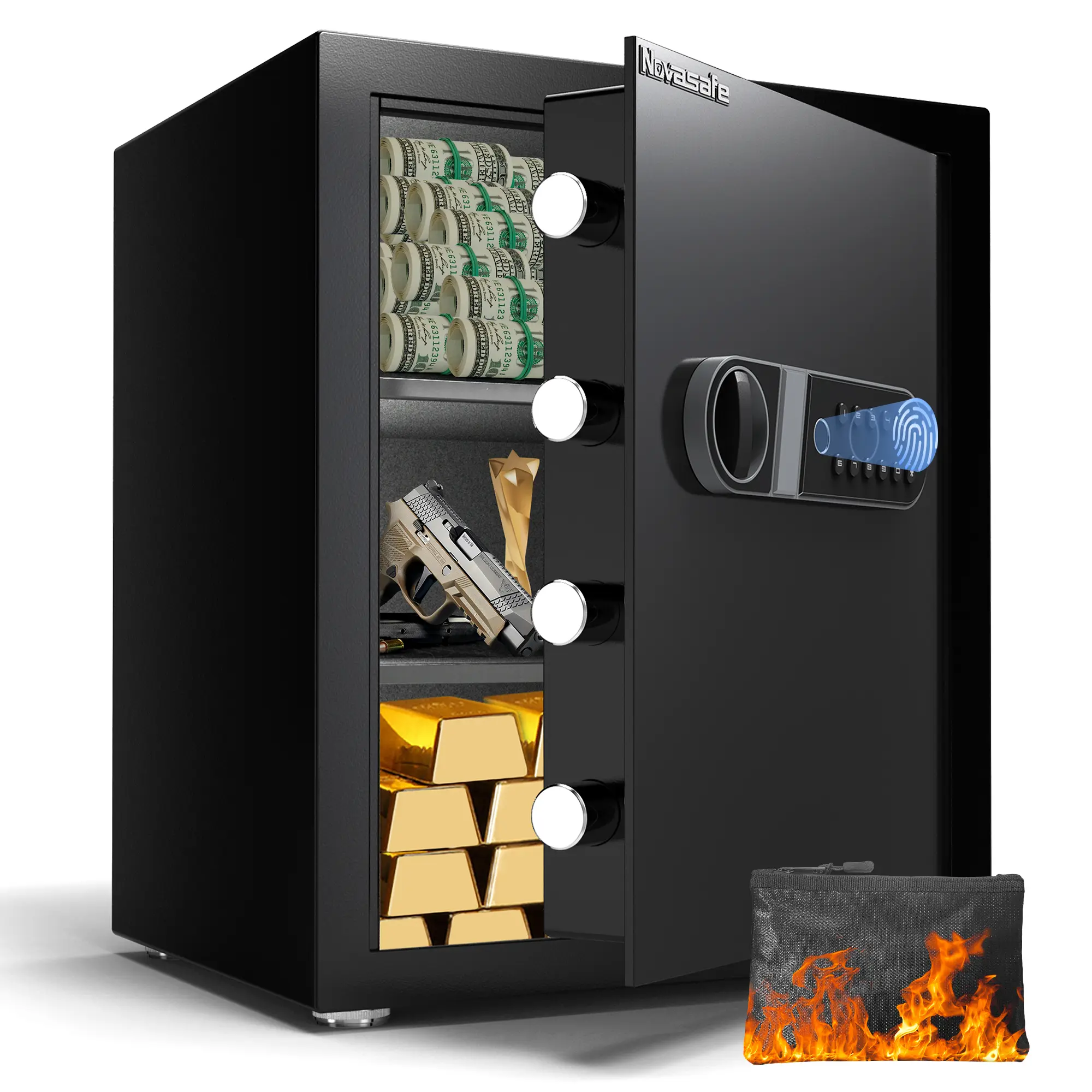 Novasafe Smart Anti-Theft Home & Commercial Office Safe - 2.0 cu in Solid Safe, 14 kg, 14.95"d x 11.85"w x 17.75"h, Fingerprint & Password Dual Unlocking, Dual Alarm System, LED Lights, Knob, Emergency Battery Box, for Documents, Jewellery