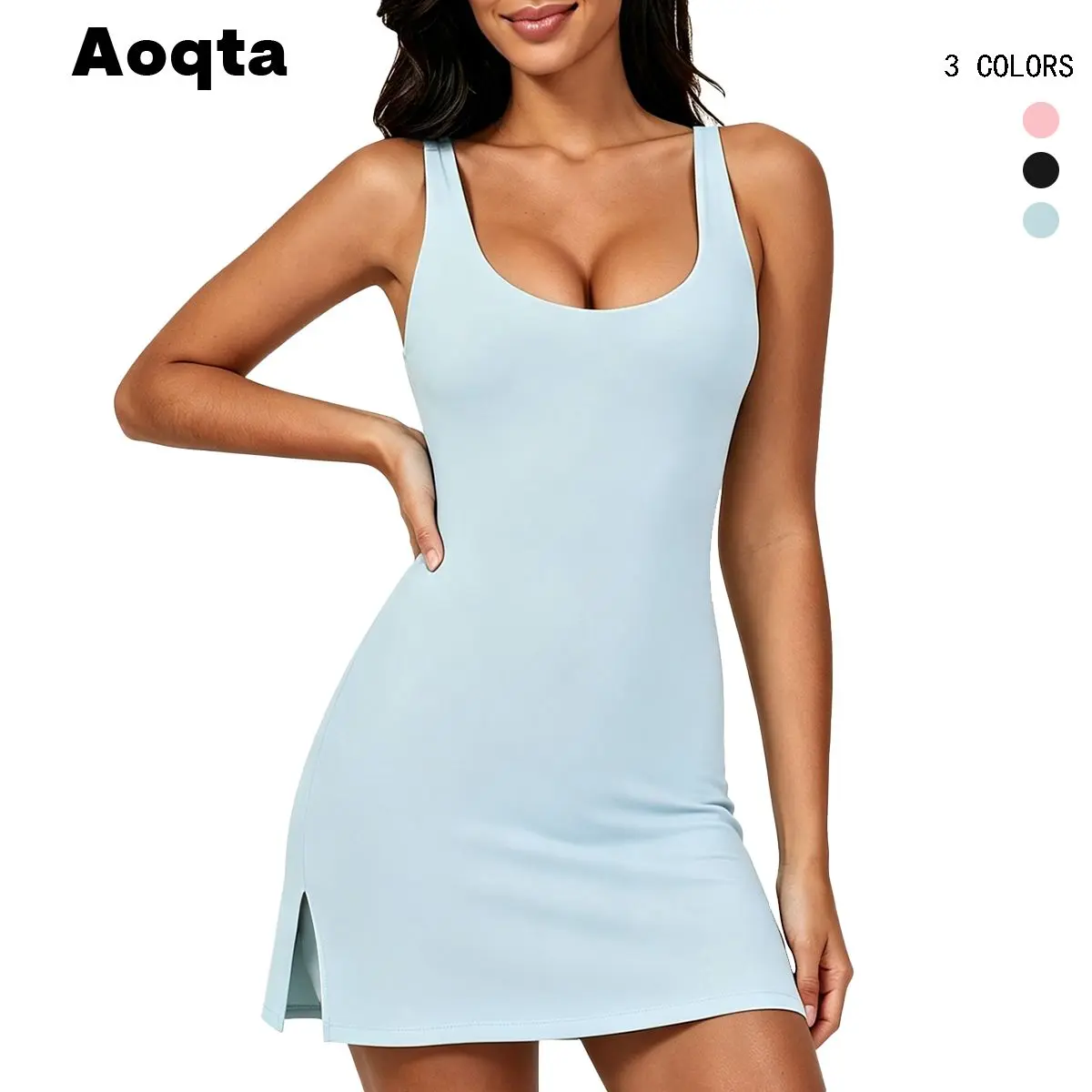 Aoqta Women's Athletic Dress, Sleeveless Scoop Neck Tennis Dress, Side Slit Mini Sport Dress for Tennis, Golf, Workout & Daily Wear
