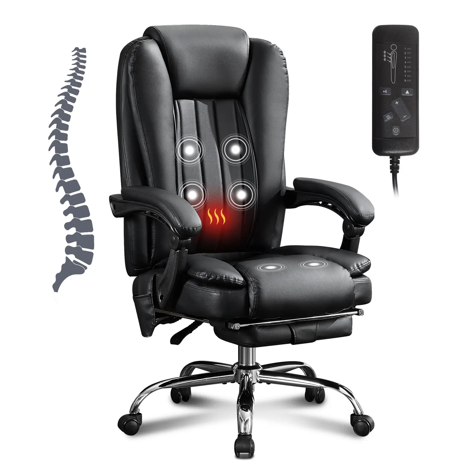 Reclining Heated Office Chair with 6-Point Vibration Massage, Footrest, and Padded Armrests – Black Leather