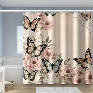 [Shower Curtain Decor] 1pc Pink Butterfly Printed Shower Curtain with Hook Polyester Fabric Windows and Walls Bathtub Bathroom Home Decor Shower Curtain Four Seasons Universal