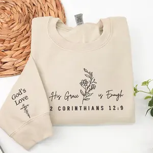 Embroidered His Grace is Enough Sweatshirt, Christian Bible Verse Crewneck, Womens Faith Sweatshirt with Floral Embroidery, Religious Gift Pullover