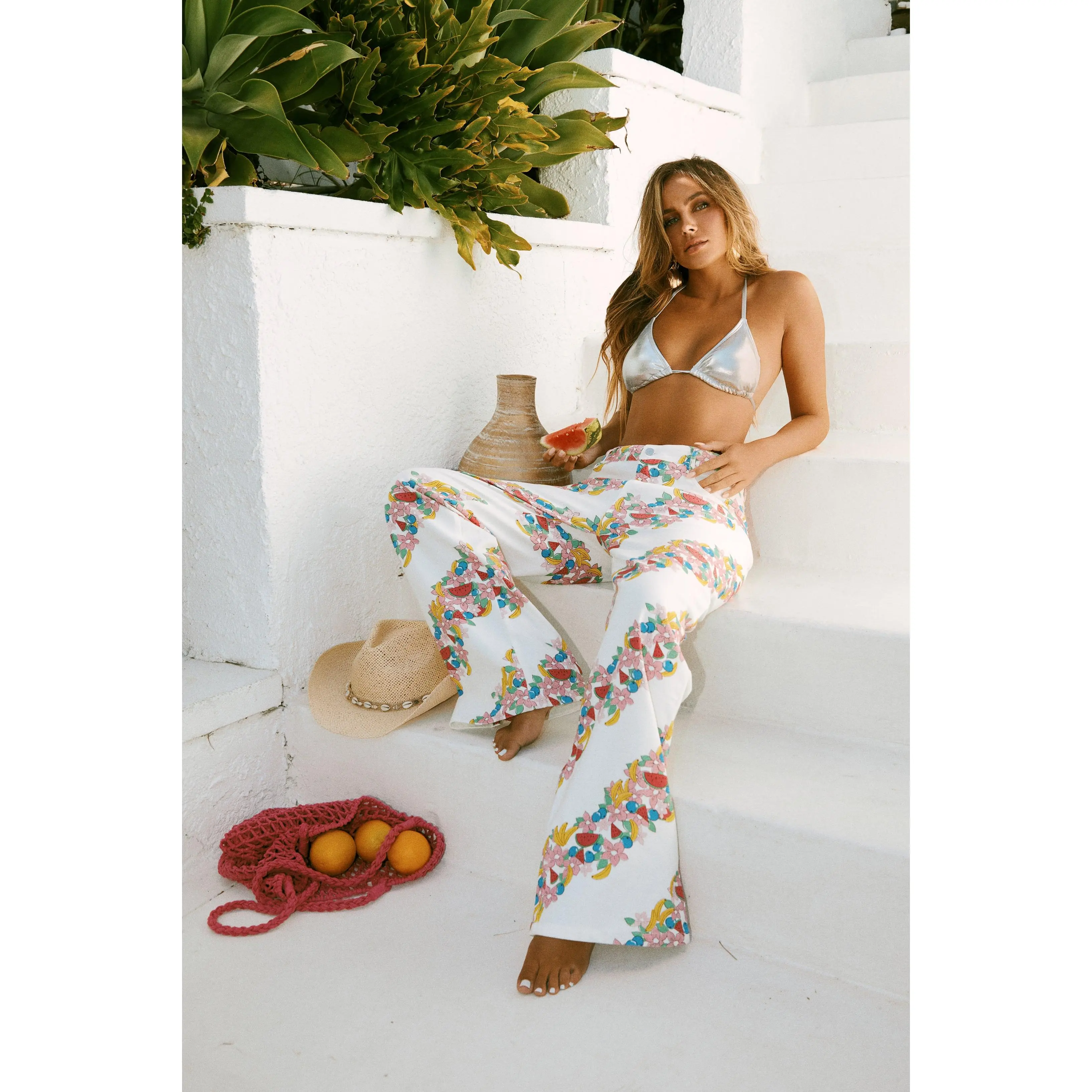 Tropicana Denim High Waist Pant - White Print