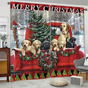 2D Flat 2Pcs Christmas Labrador Family Curtains, Red Truck Winter Scene, Festive Holiday Window Panels, Snow Cardinal Bird Design, Merry Banner, Semi-Sheer Polyester Rod Pocket, Seasonal Home Decor for Living Room Bedroom, Home Decoration Curtain