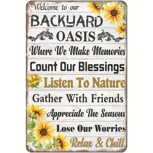 1count, Rustic Aluminum "Welcome to Our Backyard Oasis" Sign, 12x8 inches (30.48x20.32cm), Vintage Sunflower Design, for Home Garden Porch Patio Pool Bar Cafe Wall Decor, Weatherproof and High-Quality Print