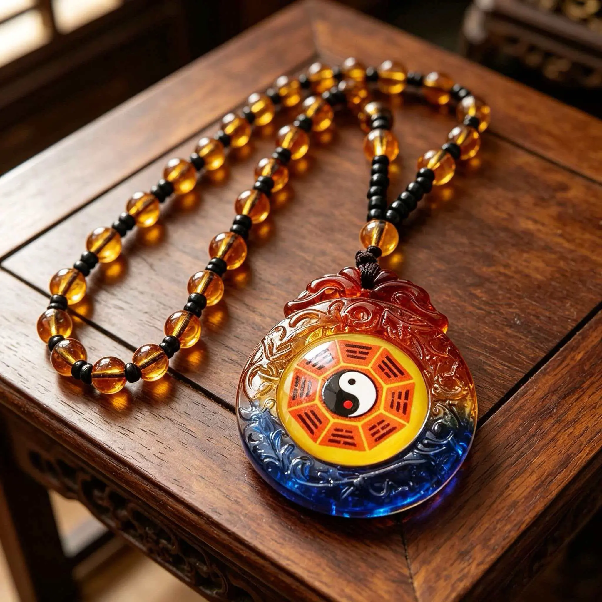 Unisex 5-Elements Bagua Taiji Pendant Necklace - Teflon-Coated Beading, Double Dragons-Carved Taoist Auspicious Design, Yin-Yang Image, Balances Luck, Dragon Element Chain Jewelry Necklaces for Casual Daily Wear, Dragon Element Necklaces