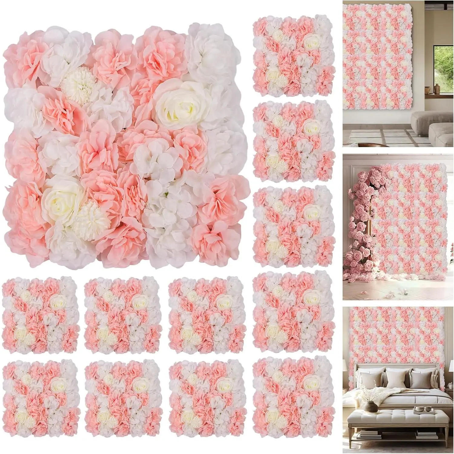 12-Piece Silk Plastic Artificial Hedge Wall Panels (38x38cm), 3D Flower Backdrop with Seamless Design, Easy Installation for Wedding Photo & Room Decorative Outdoor Furniture Accents, Pink