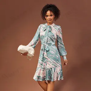 Classy Long Sleeve Marble Printed A-Line Dress Machine Washable Stylish and Elegant