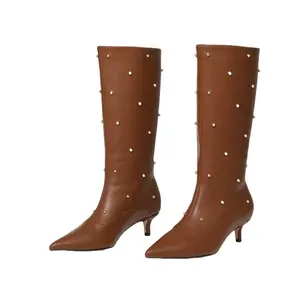 Women's Pointed Toe Kitten Heel Knee High Boots, Rivet Studded Mid Calf Boots
