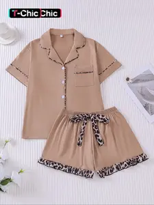 Women's Button Front Pocket Shirt & Leopard Print Shorts Pajama Two-piece Set, Casual Comfy Short Sleeve Top & Elastic Waist Shorts Set, Minimalist Ladies Summer Sleepwear, Loungewear, Pyjamas