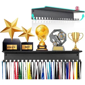 Metal Medal Hanger Display,Non-Slip Trophy Shelf with 20 Hooks,Wall Mount,Heavy Duty,Non-Bent,Holds 22-33lbs,for Gymnastics,Race,Soccer,Swim