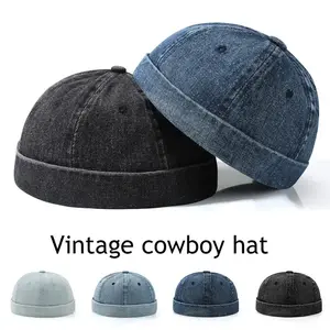 Fashion Dome Melon Cap Vintage Denim Brimless Hat Hip Hop Landlord Hat Unisex Streetwear Beanie Hats Men Women Docker Cap