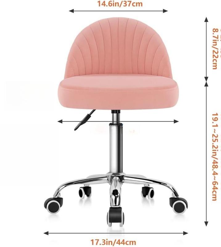 KKTONER Rolling Stool Swivel Office Chair Velvet Vanity Chairs Height Adjustable stools with Back for Bedroom Home Makeup Cosmetic Drafting(Pink)