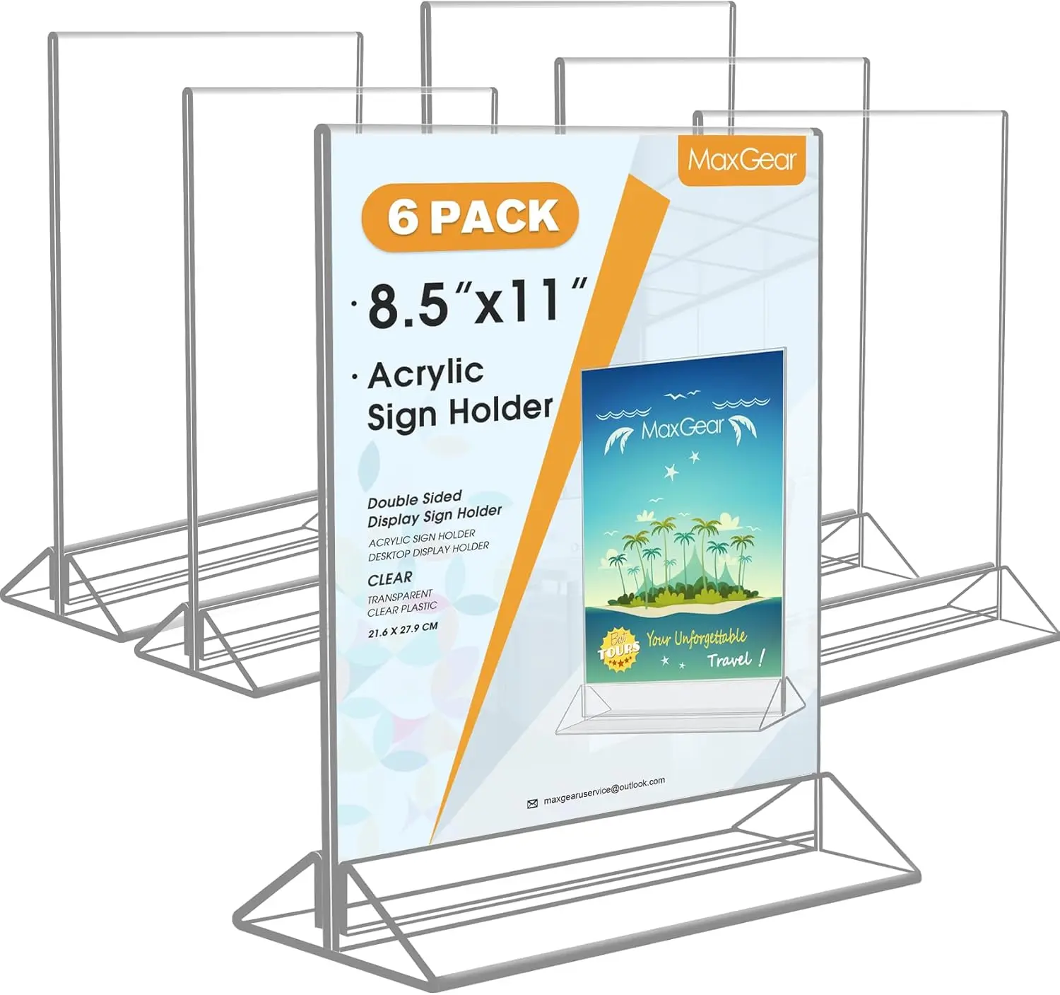 MaxGear 8.5x11 in Clear Acrylic Sign Holder (6-Pack) - Vertical Stand, Double-Sided Table Display, for Office & Retail Use