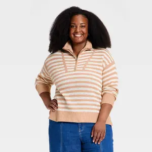 Women's Long Sleeve Mock Turtleneck Quarter Zip Pullover Sweater - Ava & Viv Tan Striped 4X