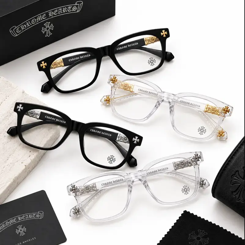 Chrome Hearts Square Glasses- Anti Blue Light – Unisex Non-Prescription Metal Frame Optical Eyewear with Clear Flat Lenses