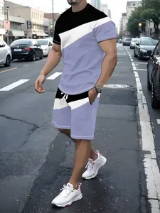 Men's Daily Wear Tee & Shorts Set, Summer Lightweight Two-Piece, Slim-Fitting, Multiple Patterns Available, All Seasons, Clothes Outfit
