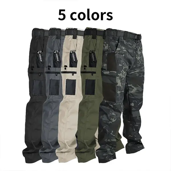 Men’s multi-pocket tactical cargo pants — skin-friendly, breathable fabric; multiple zippered storage pockets; straight, loose fit; essential for outdoor activities and everyday wear.