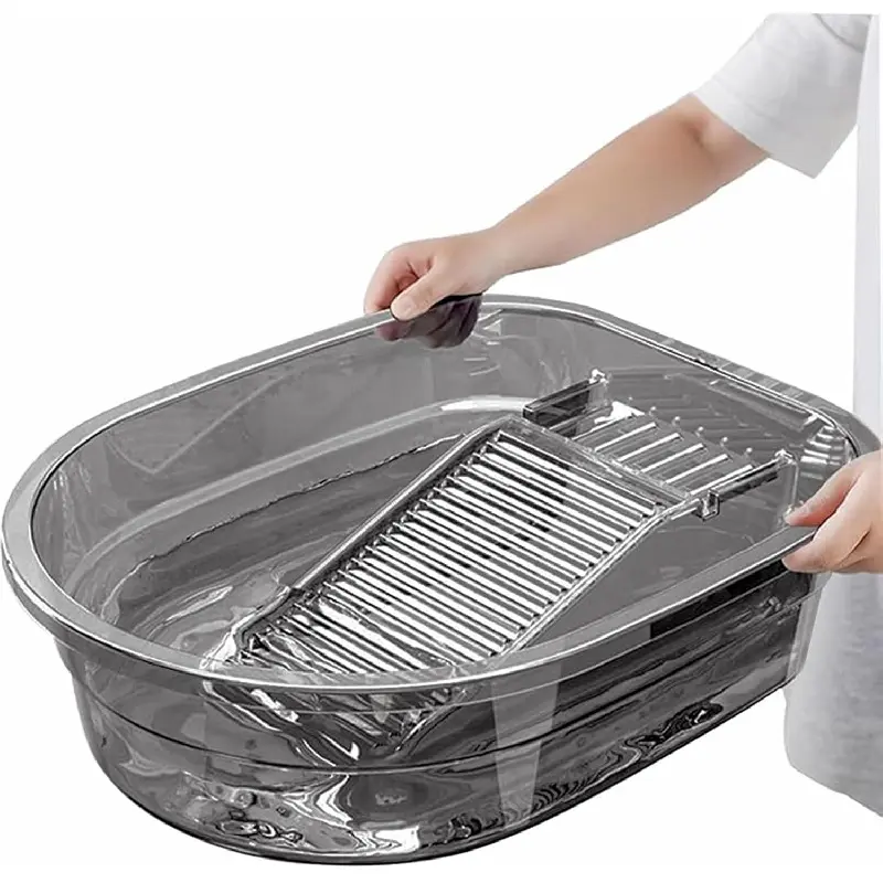 19.2" All-in-1 Washboard Laundry Basin Home Goods, Lightweight Transparent Heavy-Duty Plastic Clothes Scrubber with Soap Holder, Drain Plug, Wall-Hangable Hanging Design for Camping, RV