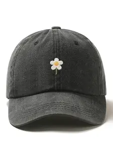 Water Wash Baseball Cap with Small Flower Embroidery, Daily Wear Hat, Gentle & Artistic Style, Loose Fit, Perfect Gift for Halloween & Christmas