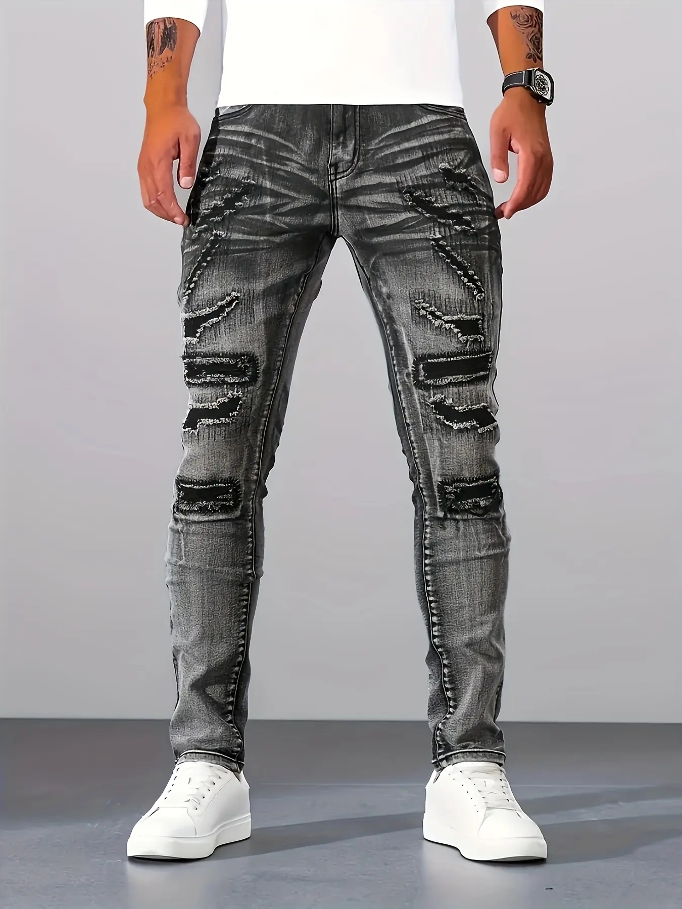 Men’s retro silver gray distressed jeans with rips, high-street style, stretchy slim fit tapered long pants with a washed gradient finish