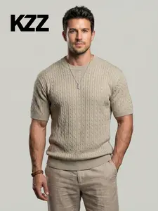 KZZ Summer Solid-Color Crew-Neck Short-Sleeve Knit Top for Men Slim-Fit Stretch Trendy Versatile Stylish Vertical-Stripe T-Shirt Knitwear Menswear Knitwear Knitwear Menswear Pullover Beige Beige Stretchy