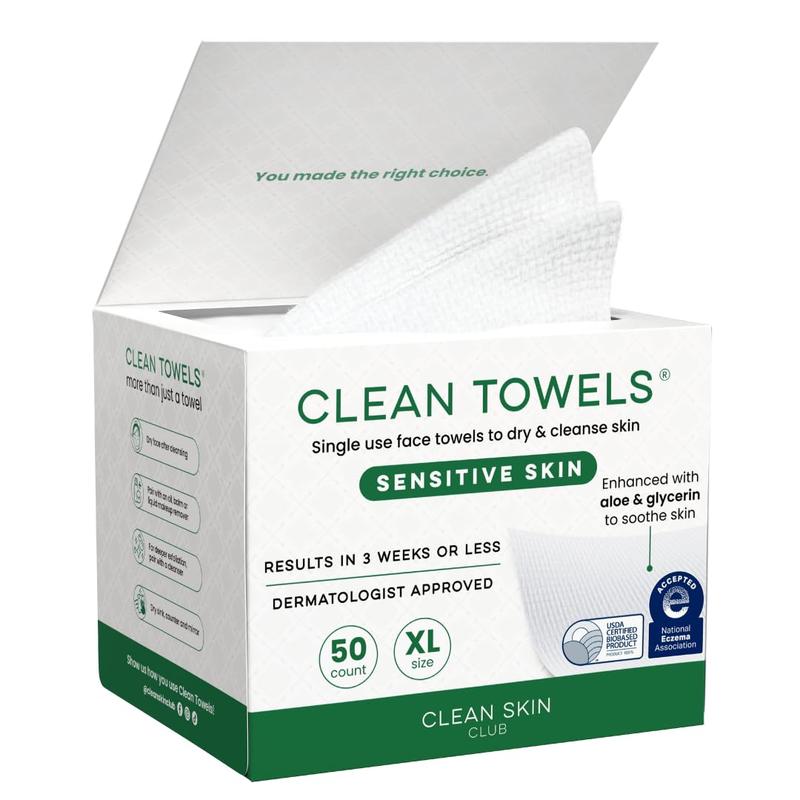 Clean Skin Club Clean Towels® XL Sensitive Skin | Ultra-Soft Disposable Face Towel Infused with Aloe & Glycerin | Dermatologist-Approved, Single-Use Towelette for Sensitive & Reactive Skin, 50 count